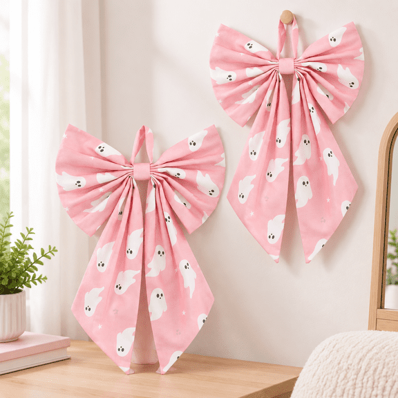 2 Pink Ghost Wreath Bows 18'' X 12''