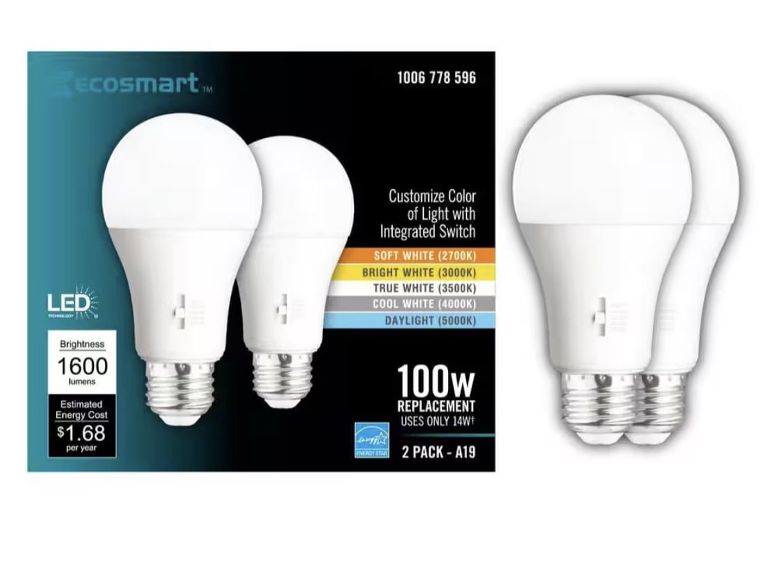 EcoSmart 100-Watt Equivalent A19 Dimmable CEC LED Light Bulb with Selectable Color Temperature (2-Pack)