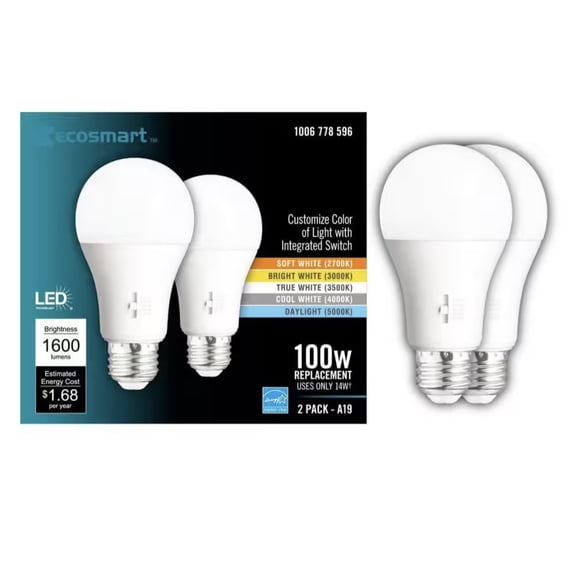 EcoSmart 100-Watt Equivalent A19 Dimmable CEC LED Light Bulb with Selectable Color Temperature (2-Pack)