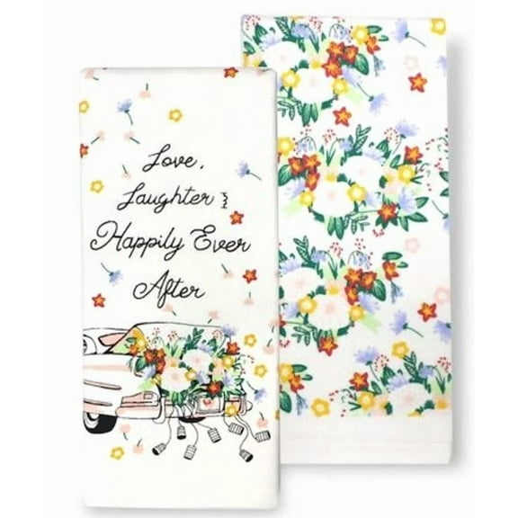 2-Pk Floral White Kitchen Towels - Happily Ever After Just Married Wedding Gift