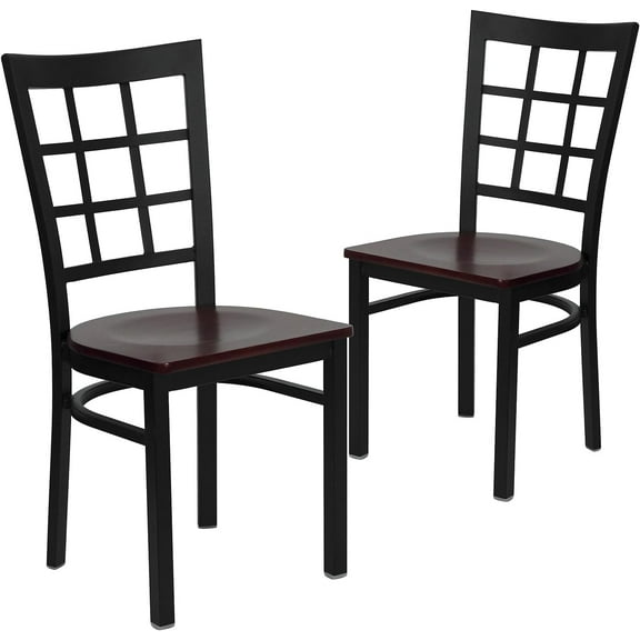 2 Pk. HERCULES Series Black Window Back Metal Restaurant Chair - Mahogany Wood Seat