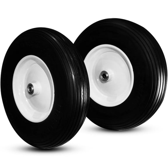 HORSESHOE Two New T157 Ribbed 4.80/4.00-8" Flat Free Wheelbarrow/Cart Universal 16" Tires w/Steel Rim, Bore φ5/8" or φ3/4", Hub 3-6"