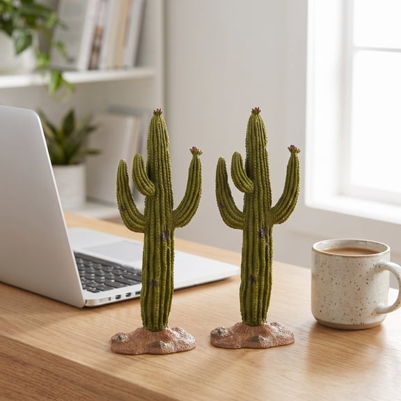 Set of 2 Desert Green Decorative Cactus Plant Sculptures for Home and Office Dcor