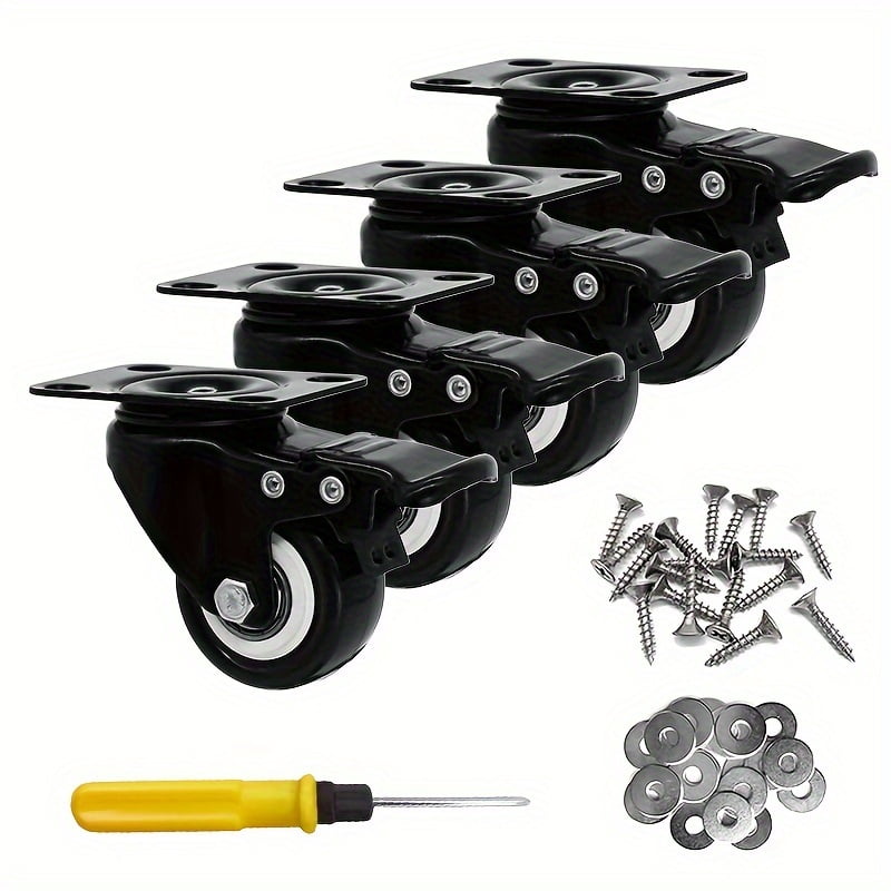 2" Plate Caster Wheels Heavy Duty 600 Lbs Load Capacity Swivel Casters with Brake Set Of 4, Safety Dual Locking, No Noise Wheels for Furniture, Carts (Screws And Screwdriver)