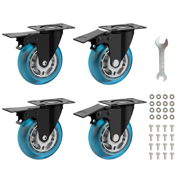 2 in Plate Caster Wheels - Heavy Duty with Brake 800LBS,Industrial Casters Set of 4,Locking,360 Swivel,No Noise Polyurethane Castors,Non Marking Blue Castor Wheels for Furniture,Carts,Cabinet,Table