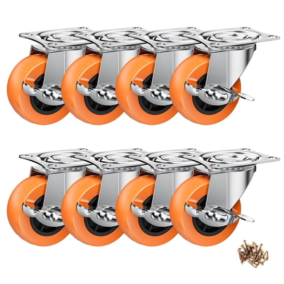 2" Plate Casters with Brake, 8 Pack PU Swivel Wheels | Orange Casters. 200 Lbs/4 Side Brake Locks Wheel. For Furniture, Small Carts, Displays & Tool Stands.