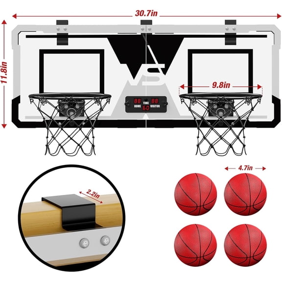 2 Player Basketball Game, Dual Shot Over The Door Mini Basketball Hoop Indoor with Scoreboard, Basketball Toy Gifts for Kids Boys Girls Adults, Suit for Bedroom/Office/Pool, Black