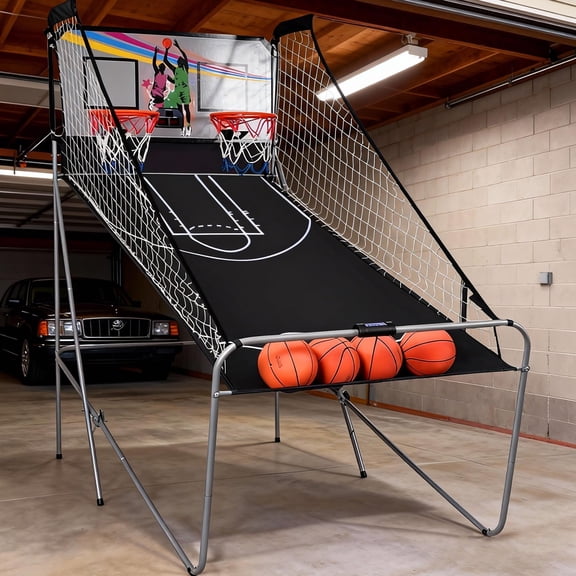 2 Player Indoor Basketball Arcade Game, Foldable Dual Shot Basketball Hoop with 4 Balls & Electronic Scoreboard, Perfect for Game Room, Garage & Home Party