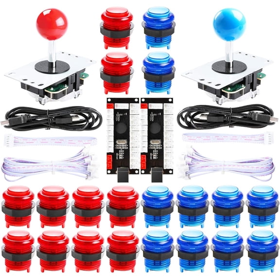 2 Player led arcade buttons and joysticks DIY kit 2x joysticks + 20x led arcade buttons game controller kit for MAME and Raspberry Pi - Red + Blue Color
