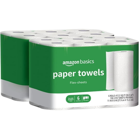 2-Ply Flex-Sheets Paper Towels, 12 Basics Rolls = 32 Regular Rolls, Everyday Value with 150 Sheets per Roll