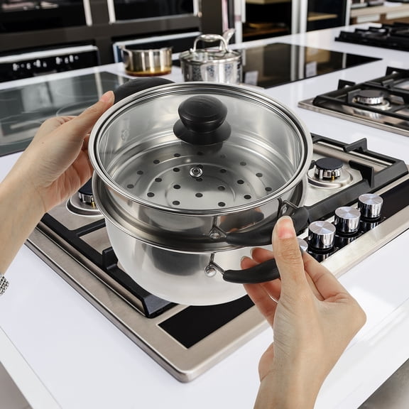 2-Ply Stainless Steel Dutch Oven with Steamer Basket  Durable Kitchen Cookware for Slow Cooking and Steaming (Silver)