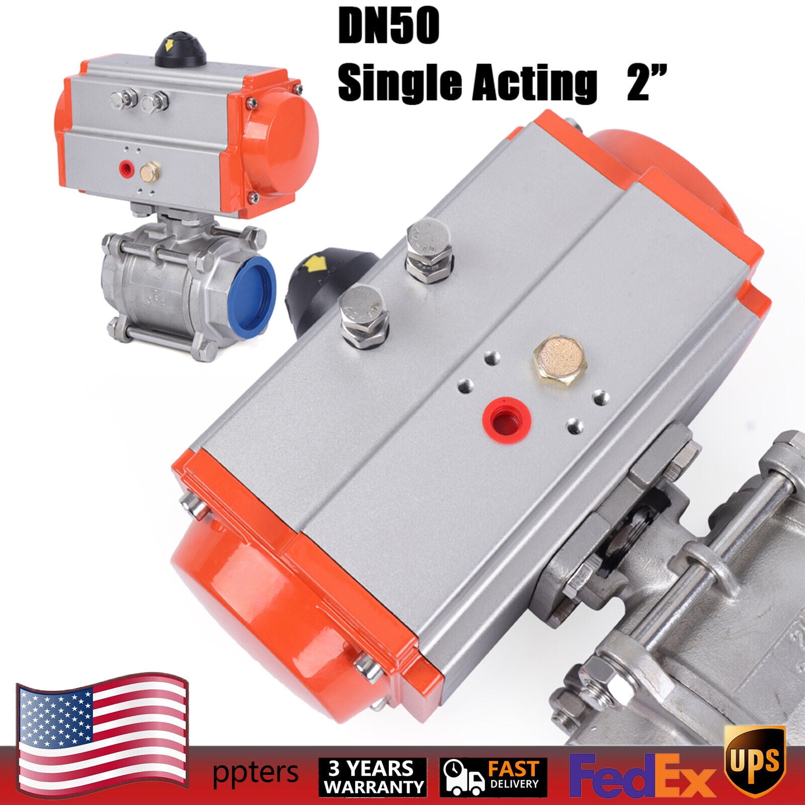 1.5 Inch Stainless Steel Pneumatic Ball Valve - Double Acting Air Actuator (Model PVD-1-1/2-T)
