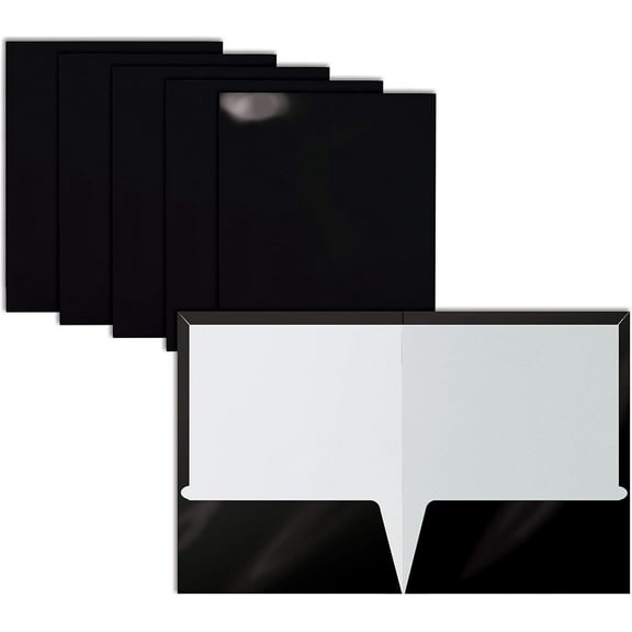 2 Pocket Glossy Laminated Black Paper Folders, Letter Size, Black Paper Portfolios Box of 25 Black Folders
