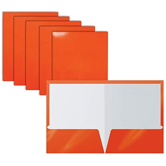 2 Pocket Glossy Laminated Orange Paper Folders, Letter Size, Orange Paper Portfolios by Better Office Products, Box of 25 Orange Folders