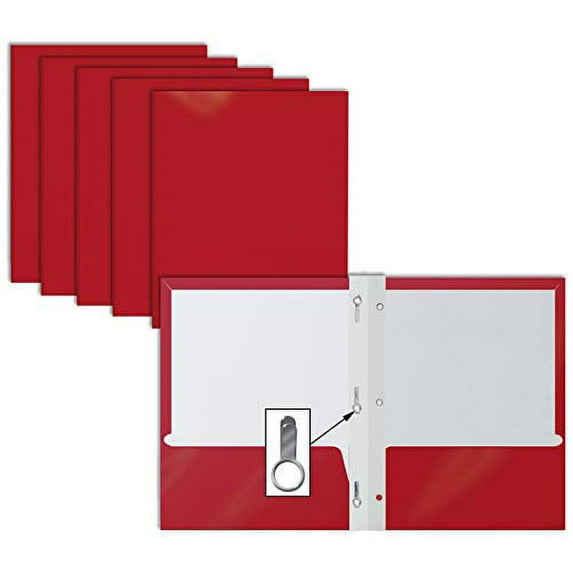 2 Pocket Glossy RED Paper Folders with Prongs, 25 Pack, by Better Office Products, Letter Size, High Gloss Red Paper Portfolios with 3 Metal Prong Fasteners, Box of 25 Glossy Red Folders
