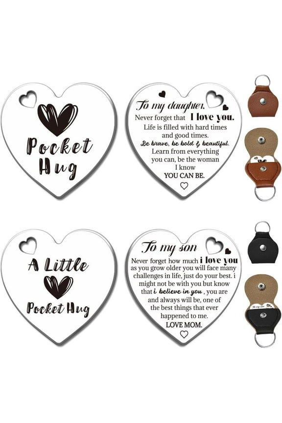 2 Pocket Hug Token for Son Daughter Long Distance Gifts Keepsake Double Sided Inspirational Gift with Leather Storage Token Keychain Birthday Graduation Gift