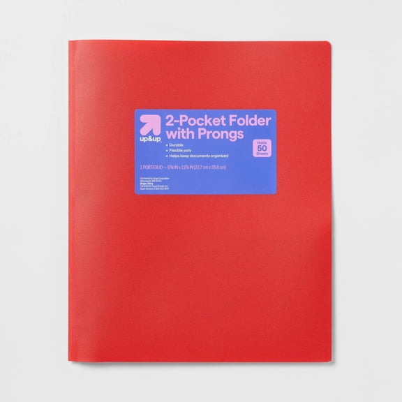 2 Pocket Plastic Folder with Prongs Red School Supplies, Polypropylene, 50 Sheet Capacity, Internal Pockets