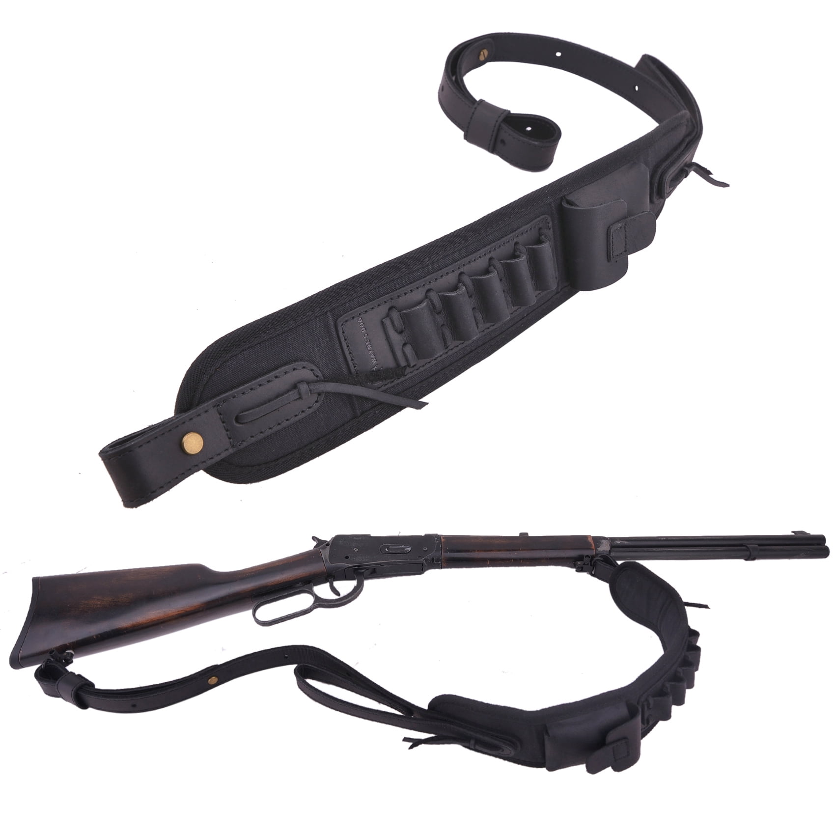 2 Points Leather Canvas Rifle Sling Hunting  Ammo Holder Strap .308 .22-250 .45-70 .40-65 410GA .270 .260