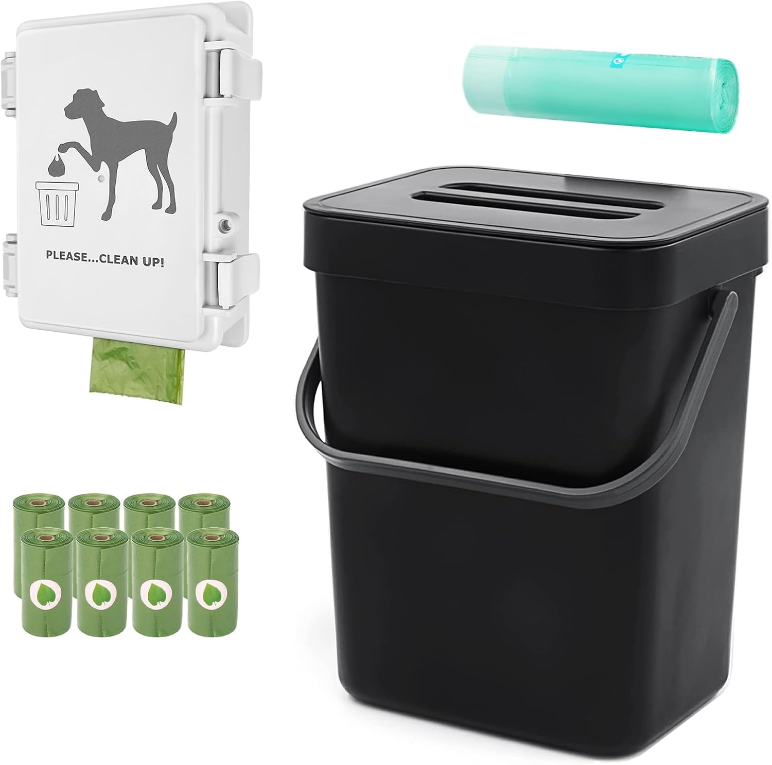 2 Poop Bag Dispensers + 1 Mini Trash Can + 10 Rolls + 1 Trash Bag Roll