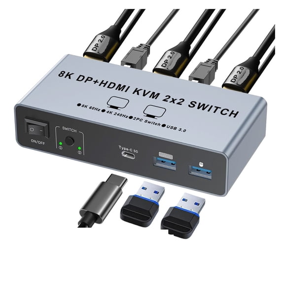 2 Port 4K 240Hz KVM Switch, Dual HD Media Extended Display Hub