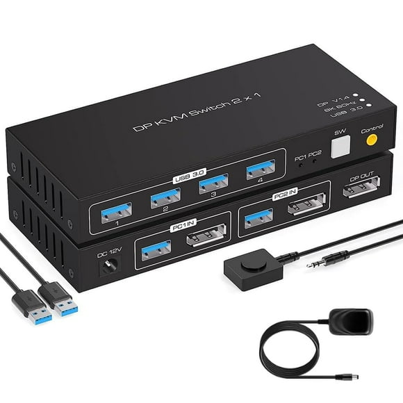 2 Port Displayport KVM Switch Support 8K60Hz 4K120Hz, USB 3.0 DP1.4 KVM Switch for 2 Computers Share 1 Monitor with 4 Port USB 3.0 Hub Includes Desktop Control and 2xUSB Cables