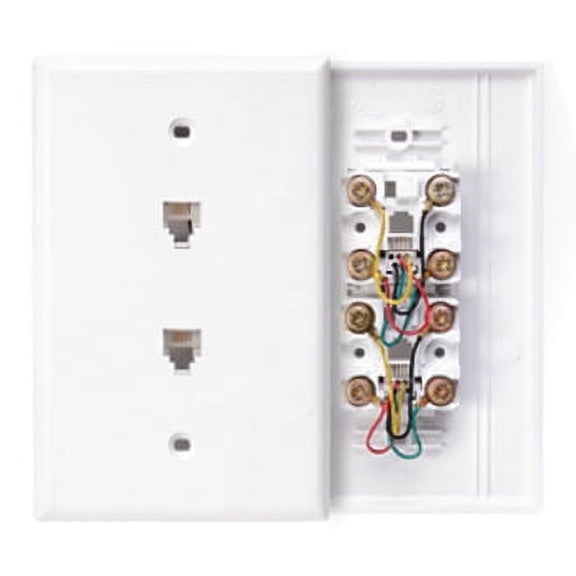 Leviton 40544W Duplex Telephone Jack Wallplate, 6P4C, 4-Wire, Midway Size, White