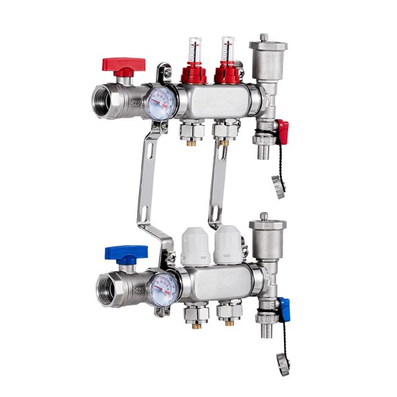 2-Port Radiant Heating Manifold, 1/2 Inch PEX Tubing Distribution System, Stainless Steel Manifold for Hydronic Floor Heating with Adapters