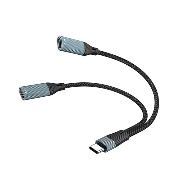 2-Port Type-C Splitter Aluminum Hub with Braided Cord for Computer Charging & High-Speed Data Transfer