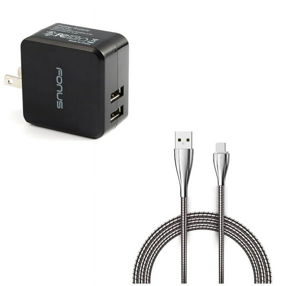 2-Port USB 17W Home Charger w Type-C 6ft Metal USB Cable G5E for Alcatel 3V (2019) - ASUS ROG Phone 2 - BLU G9 Pro - BOLD N1 - Coolpad Legacy S - Google Pixel 4 XL - LG G8X ThinQ