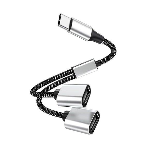 2 Port USB 2.0 Splitter Adapter, Type-C OTG Splitter Cable, Power Extension for Charging and Data Transfer (480Mbps), Nylon Braided Aluminum Housing, Plug and Play, Compatible with Laptops