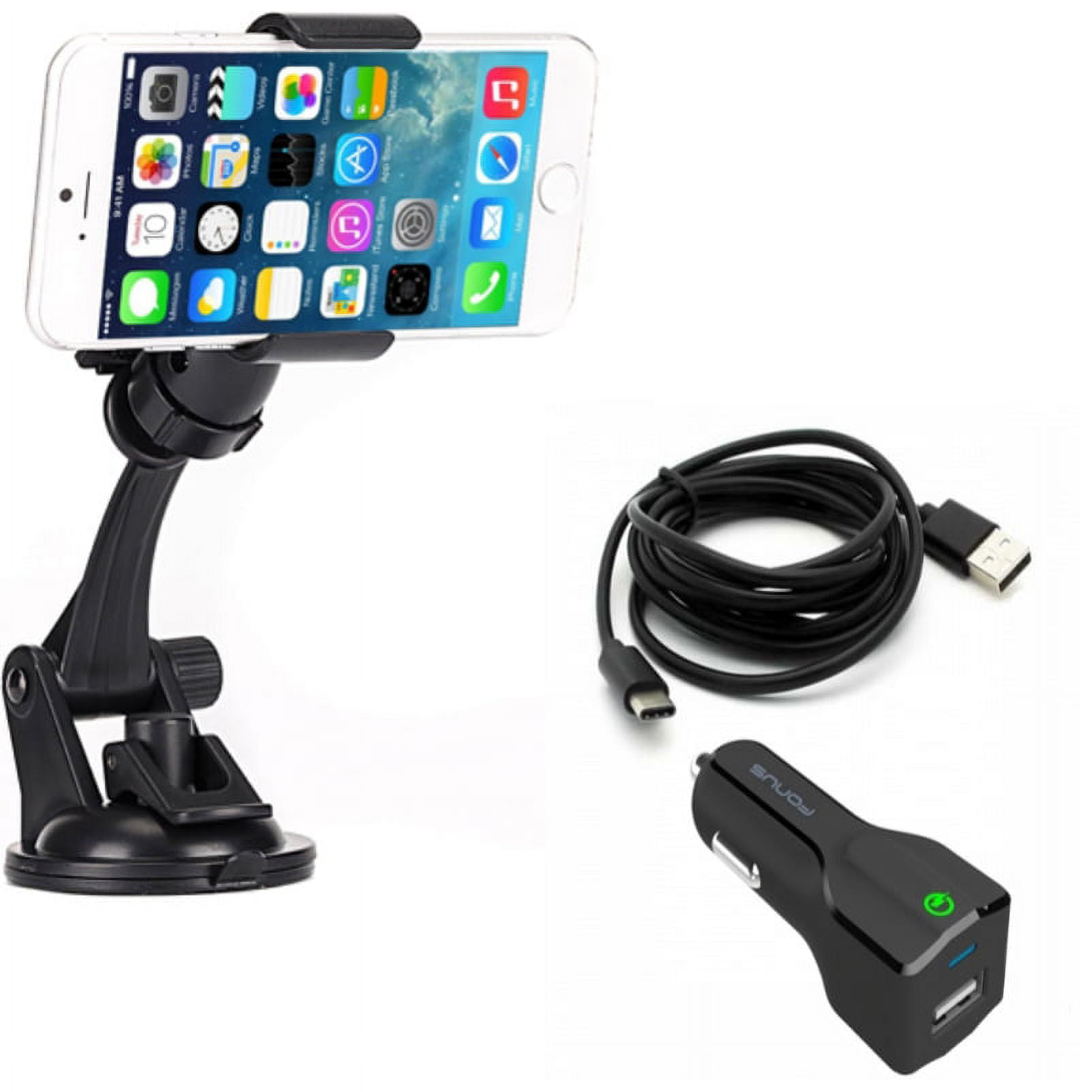 2-Port USB 24W Fast Charger w Windshield Dash Car Mount for LG G7 ThinQ, Stylo 4 Plus - Motorola One, Moto Z4 Z3 Play Z2 Play Z Play Droid Force Droid X4 G7 Power Play G6 - Nokia 8, 7.1