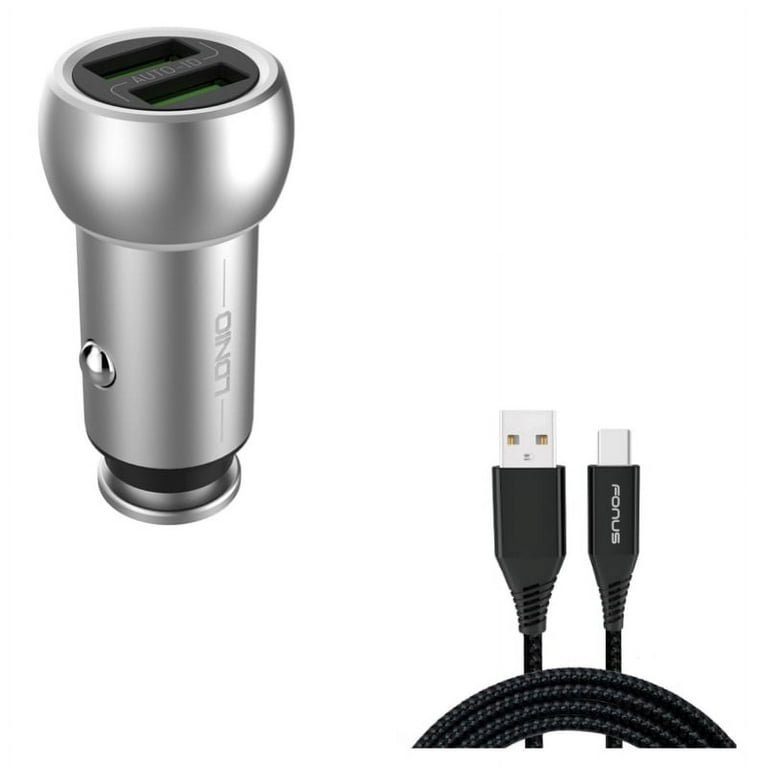 2-Port USB Car Charger w Charger Cord Type-C 10ft USB Cable