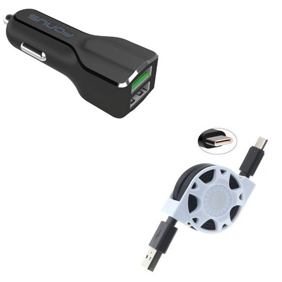 2-Port USB 30W Car Charger w Type-C Retractable USB Cable W1P for Acer Liquid Jade Primo - Alcatel PulseMix, 7, Idol 5S 5 4S - ASUS Zenfone V Live, ROG Phone, AR 6 5z 4 Pro - Blackberry Motion