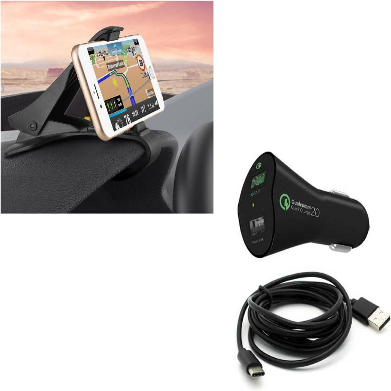 2-Port USB 30W Fast Charger w Non-Slip Dash Car Mount for LG G7 ThinQ, Stylo 4 Plus - Motorola One, Moto Z4 Z3 Play Z2 Play Z Play Droid Force Droid X4 G7 Power Play G6 - Nokia 8, 7.1