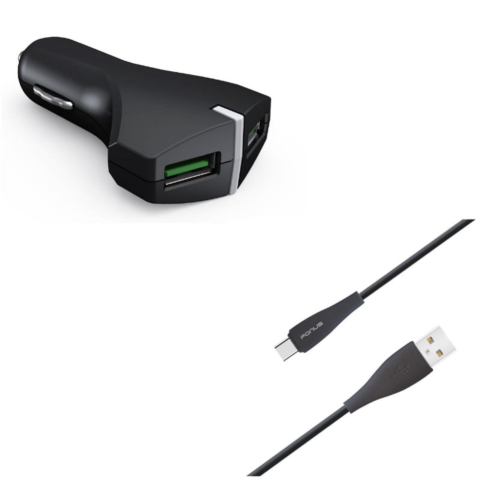 2-Port USB 36W Fast Car Charger w Charger Cord Type-C 6ft USB Cable L8E for Motorola Moto Z2 Play Z Play Droid Force Droid X4, Revvlry Plus, G7 Power Play G6 - Nokia 3.1, 7.1, 8, Plus
