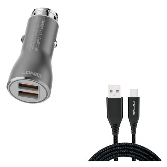 2-Port USB 36W Fast Car Charger w Charger Cord Type-C 10ft USB Cable M8L for Lenovo Moto Tab (10.1) - LG G5, V20, G6, V30 V50 ThinQ 5G, V40 ThinQ, V35 ThinQ, Q7 Plus, Google Nexus 5X, G8 ThinQ