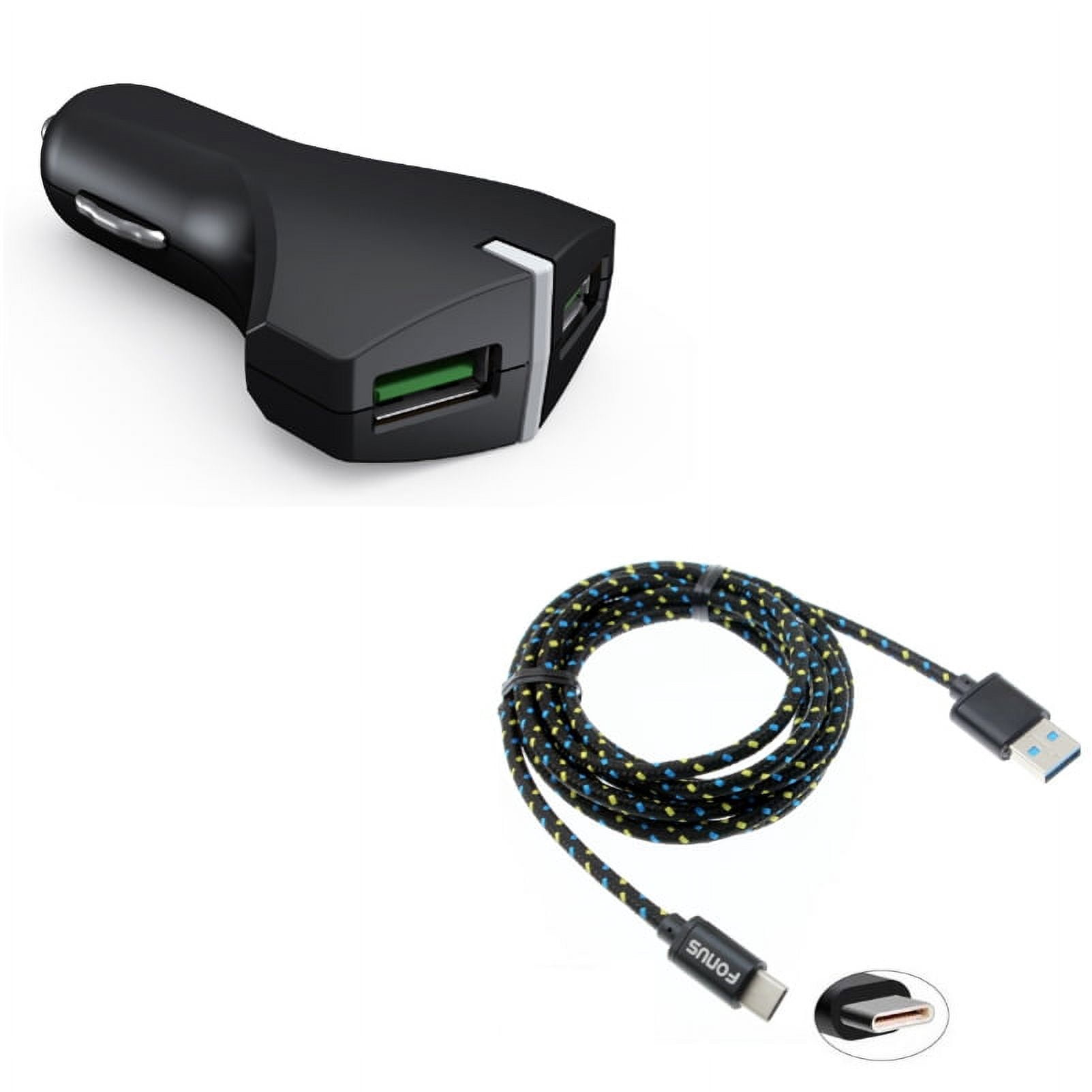 2-Port USB 36W Fast Car Charger w Charger Cord Type-C 6ft USB Cable K6P for Motorola Moto Z2 Play Z Play Droid Force Droid X4, Revvlry Plus, G7 Power Play G6 - Nokia 3.1, 7.1, 8, Plus