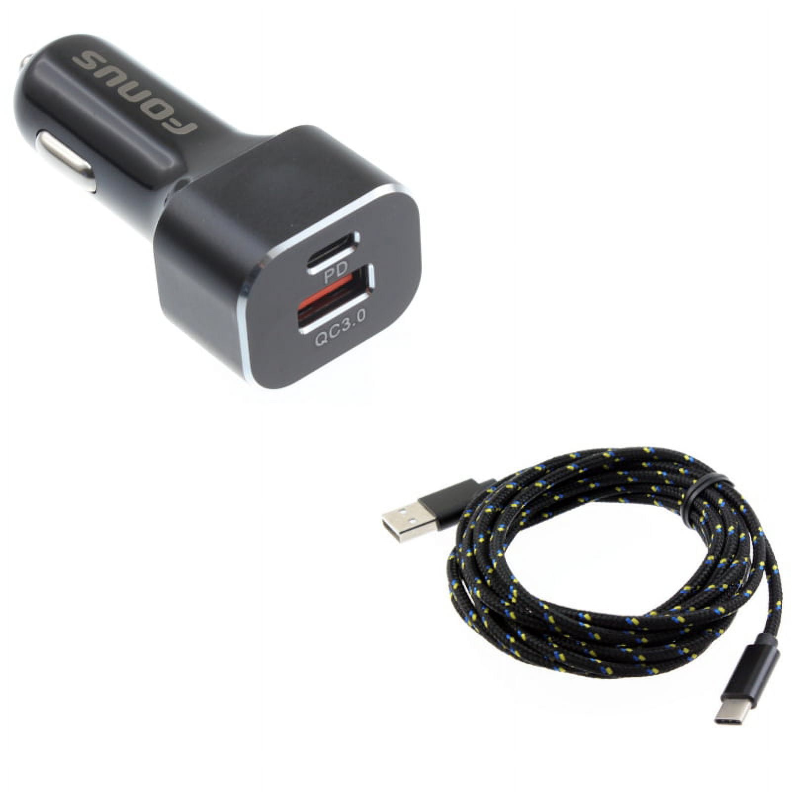 2-Port USB 36W Quick Car Charger w Charger Cord Type-C 10ft USB Cable G8R for Nokia 8, 3.1 Plus - OnePlus 5T, 6, 6T, 7 Pro - Razer Phone 2 - RED Hydrogen One - Samsung Galaxy Tab S3 9.7 S9