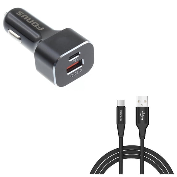 2-Port USB 36W Quick Car Charger w Charger Cord Type-C 6ft USB Cable N4R for Motorola Moto Z3 Play Z2 Play Z Play Droid Force Droid X4, Revvlry Plus, G7 Power Play G6 - Nokia 3.1, 7.1, 8, Plus