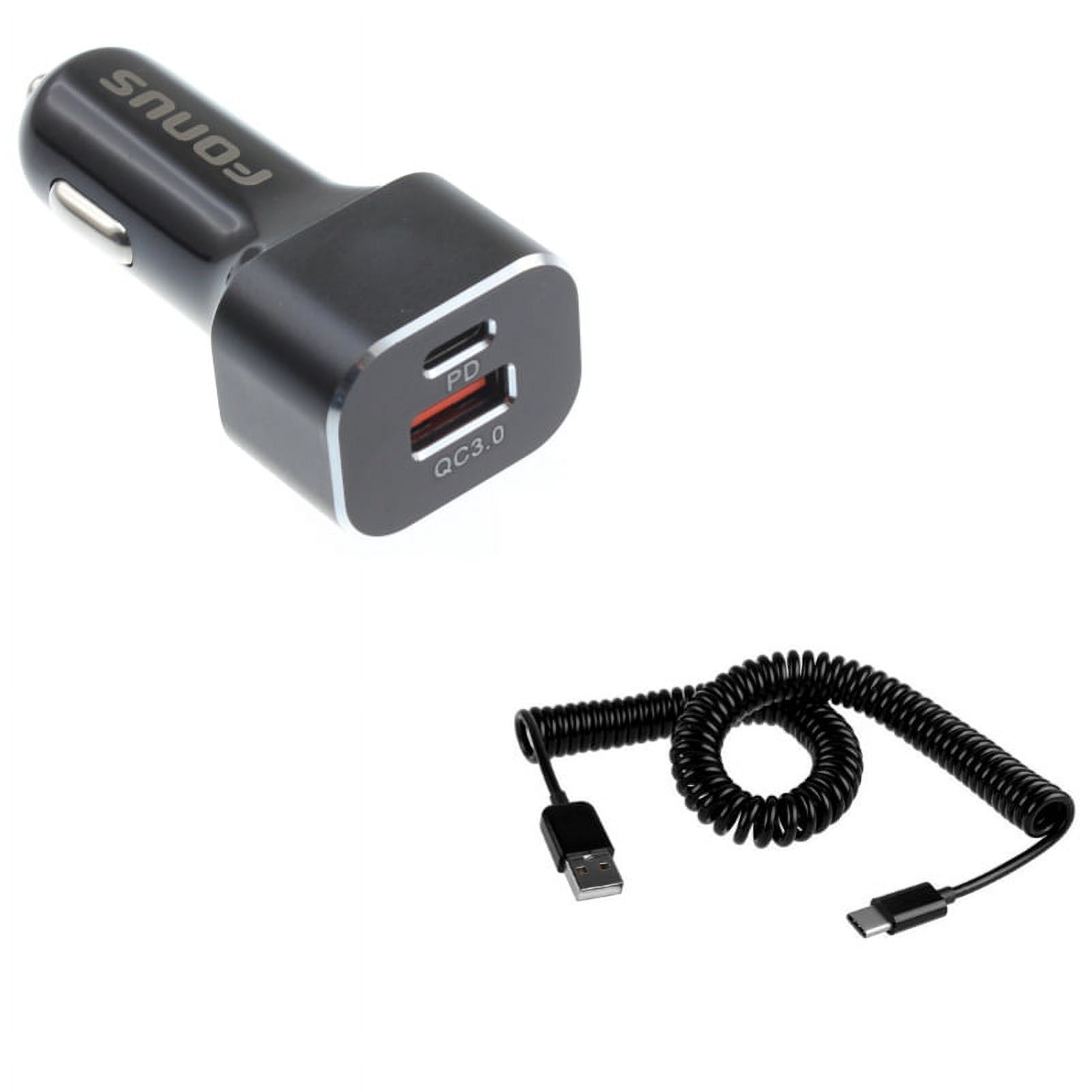 2-Port USB 36W Quick Car Charger w Type-C Coiled USB Cable R1D for Motorola Moto G7 Power Play G6 - Nokia 3.1, 7.1, 8, Plus - OnePlus 5T, 6, 6T, 7 Pro - Razer Phone 2 - RED Hydrogen One