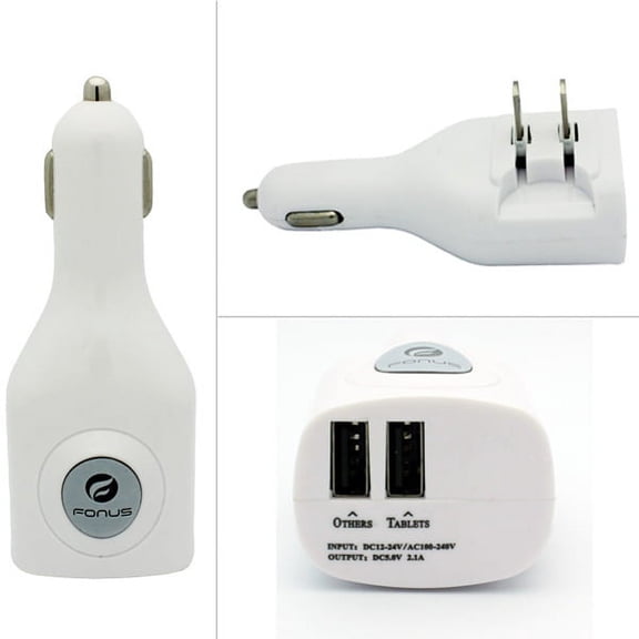 2-Port USB Car Home Charger for Alcatel Go Flip 3 / Smartflip - 2-in-1 Power Adapter DC Socket Wall AC Plug Folding Prongs Combo White W2G
