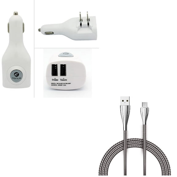 2-Port USB Car Home Charger w 6ft Metal USB Cable M7R for Blackberry Z30, Priv, Q10 - BLU S1, Vivo XL4 XI, Studio X8 HD Touch, Pure View, R1 Plus, Go, Life One X3 X2 Play S, HD