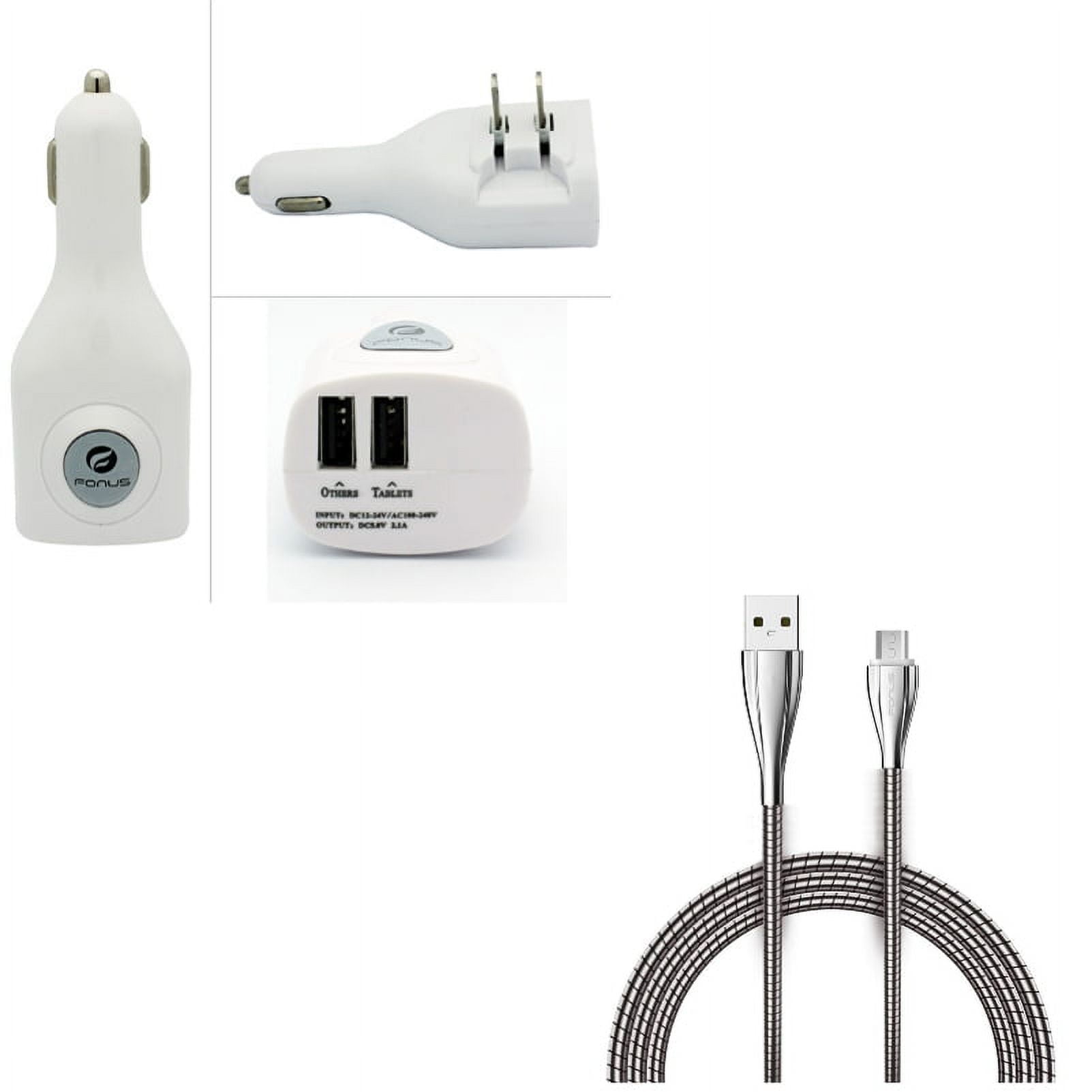 2-Port USB Car Home Charger w 6ft Metal USB Cable W8X for Motorola Google Nexus 6, DROID MAXX 2 - Nokia 6, 2 V - Samsung Galaxy Stardust Sol Sky, S7 S6 S5, Sport (SM-G860P) Mini S4