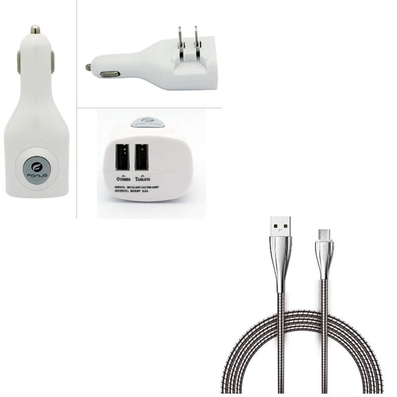 2-Port USB Car Home Charger w 6ft Metal USB Cable Z5V for LG K30, Sunrise, G3, Volt, K3, Harmony, Lucky, Leon, K8, Fortune, Realm, G4, Aristo, Risio, Treasure, X Venture, Optimus Zone 3, Power