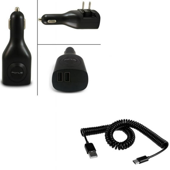 2-Port USB Car Home Charger w Coiled USB Cable for OnePlus 9, Nord N200 5G/N100/N10 5G, Pro Phone - 2-in-1 Power Adapter, Type-C Charger Cord X3V for OnePlus 9, Nord N200 5G/N100/N10 5G, Pro