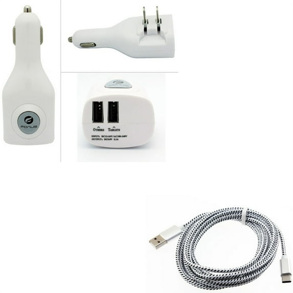 2-Port USB Car Home Charger w Type-C 10ft USB Cable A1G for Acer Liquid Jade Primo - Alcatel PulseMix, 7, Idol 5S 5 4S - ASUS Zenfone V Live, ROG Phone, AR 6 5z 4 Pro - Blackberry Key2, Motion