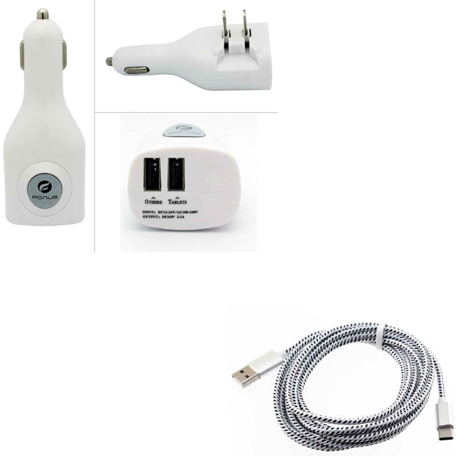 2-Port USB Car Home Charger w Type-C 10ft USB Cable J6Y for LG G7 ThinQ, Stylo 4 - Motorola One, Moto Z4 Z3 Play Z2 Play Z Play Droid Force Droid X4 G7 Power Play G6 - Nokia 8, 7.1, 3.1 Plus