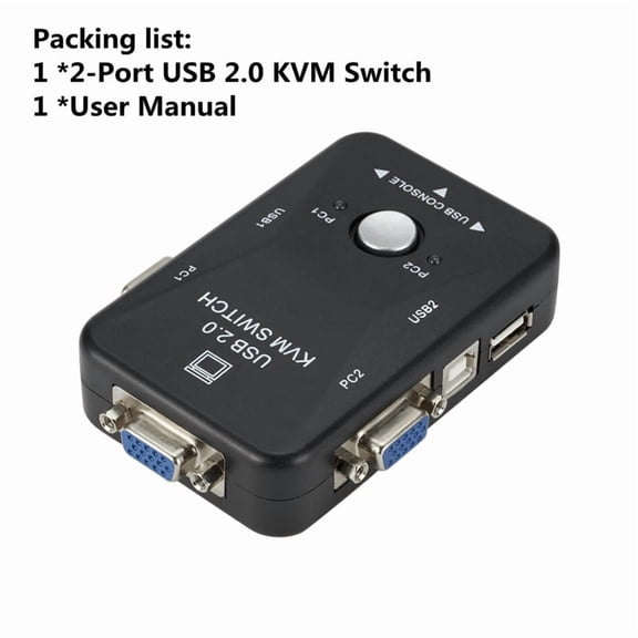 2-Port USB KVM Switch, VGA Desktop Switch Box To Share Keyboard Mouse & Monitor Between 2 Computers, Plug And Play, Space Saving,Single Host
