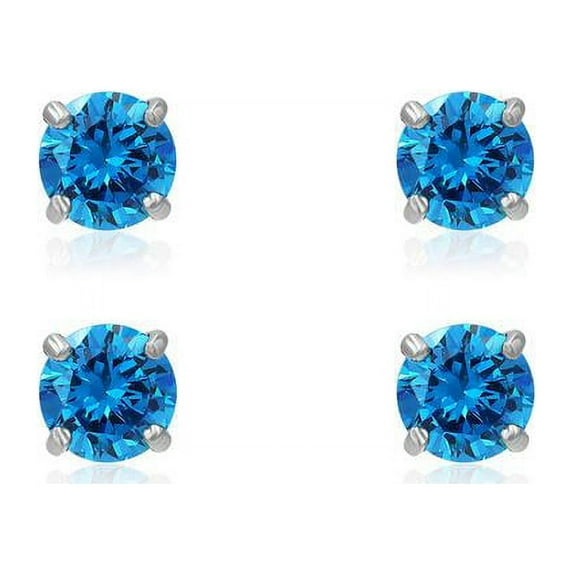 2 Pr Silver Tone 6mm Simulated London Blue Topaz Round Stud Earrings