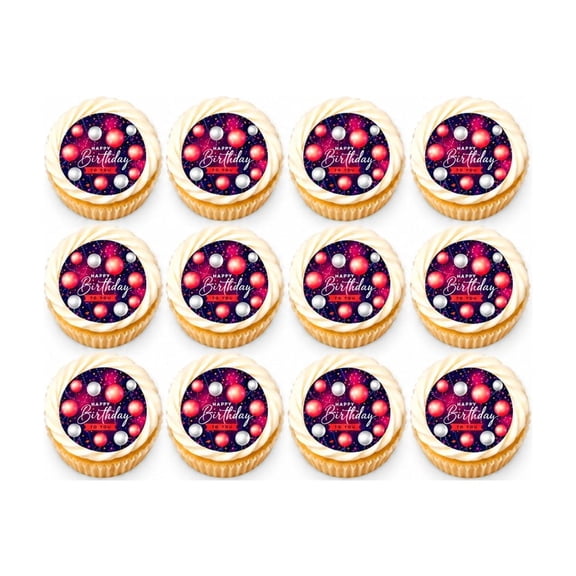 2" Pre-Cut Round Happy Birthday to You with Red and Silver Balloons Edible Image Cupcake Toppers, by TNCT. (12 Count)